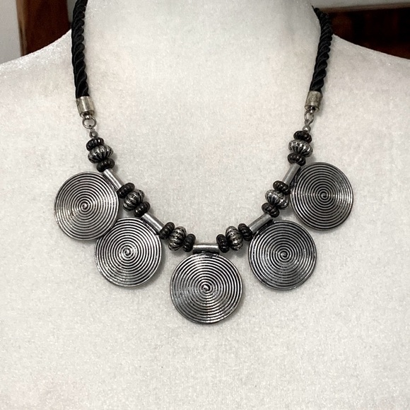 Edgy Rebel Rockstar Silver Coin Bohemian Whimsical Goth Swirl Black Necklace - Picture 3 of 12